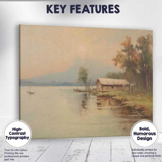 Calm Lakeside Cabin Autumn Landscape Canvas Wall Art Print Decor Picture Ready To Hang - image 1