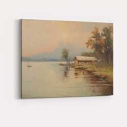 Calm Lakeside Cabin Autumn Landscape Canvas Wall Art Print Decor Picture Ready To Hang - thumbnail 4
