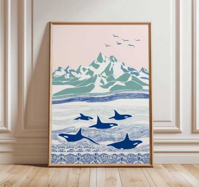 Orca Whale Wall Art, Arctic Ocean Wildlife Poster, Scandinavian Mountain Seascape Print, Coastal Nautical Home Decor - image 1