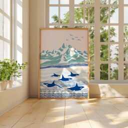 Orca Whale Wall Art, Arctic Ocean Wildlife Poster, Scandinavian Mountain Seascape Print, Coastal Nautical Home Decor - thumbnail 3