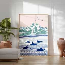 Orca Whale Wall Art, Arctic Ocean Wildlife Poster, Scandinavian Mountain Seascape Print, Coastal Nautical Home Decor - thumbnail 2