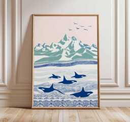 Orca Whale Wall Art, Arctic Ocean Wildlife Poster, Scandinavian Mountain Seascape Print, Coastal Nautical Home Decor - thumbnail 1