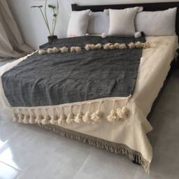 Moroccan Throw With Braided Tassels Loomed By Hand For Eclectic Bohemian & Berber Decoration