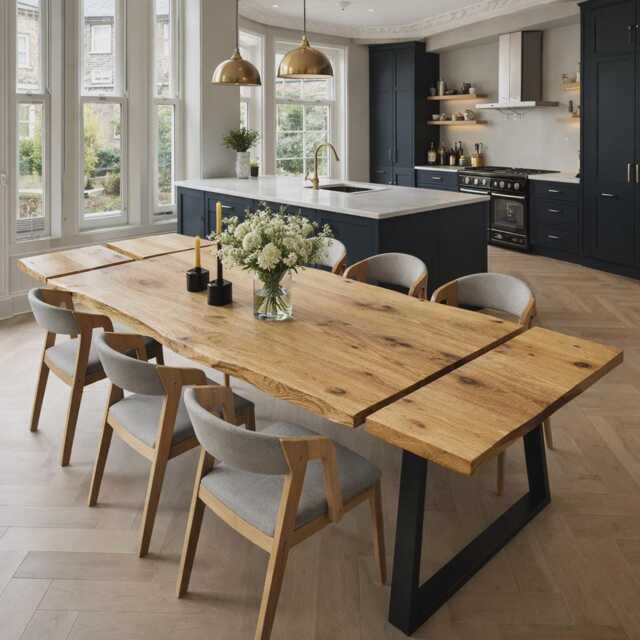 Firsby Tp Live Edge Extendable 2Side Dining Table Kitchen Industrial Rustic Wood, Trapezium Steel Legs - image 1