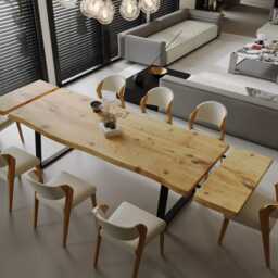Firsby Tp Live Edge Extendable 2Side Dining Table Kitchen Industrial Rustic Wood, Trapezium Steel Legs - thumbnail 3