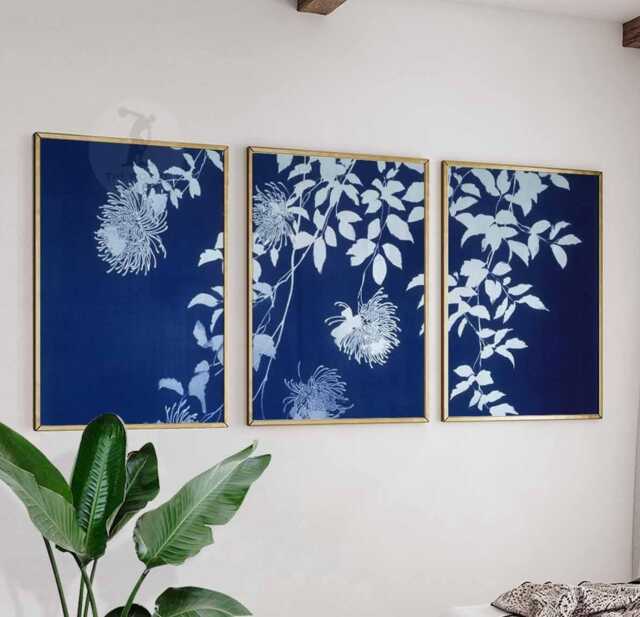 Blue Floral Print Set, Cyanotype Style, Botanical Wall Art Trio - image 1