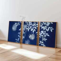 Blue Floral Print Set, Cyanotype Style, Botanical Wall Art Trio - thumbnail 4