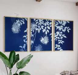 Blue Floral Print Set, Cyanotype Style, Botanical Wall Art Trio - thumbnail 1