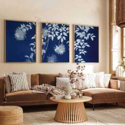 Blue Floral Print Set, Cyanotype Style, Botanical Wall Art Trio - thumbnail 2