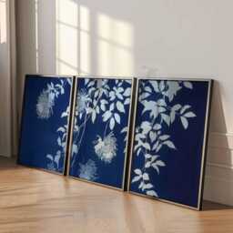 Blue Floral Print Set, Cyanotype Style, Botanical Wall Art Trio - thumbnail 3