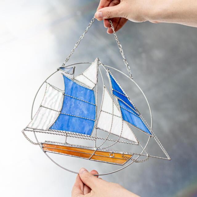 stained Glass Suncatcher Sailing Ship. Window Wall Decoration. Sailing Vessel Blue Decorations. Sun Catcher - image 1
