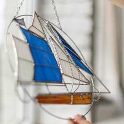 stained Glass Suncatcher Sailing Ship. Window Wall Decoration. Sailing Vessel Blue Decorations. Sun Catcher - thumbnail 2