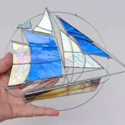 stained Glass Suncatcher Sailing Ship. Window Wall Decoration. Sailing Vessel Blue Decorations. Sun Catcher - thumbnail 3