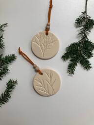 Handmade Ceramic Christmas Ornaments Earthy Botanical Imprints, Set Of 2