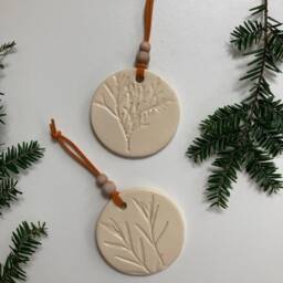 Handmade Ceramic Christmas Ornaments Earthy Botanical Imprints, Set Of 2 - thumbnail 4