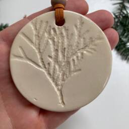 Handmade Ceramic Christmas Ornaments Earthy Botanical Imprints, Set Of 2 - thumbnail 2