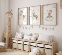 Teddy Bear Nursery Wall Art, Nursery Prints, Bear Decor, Beige Nursery, Stars Cloud Moon, Set Of 3 - thumbnail 1