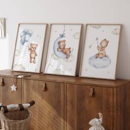 Teddy Bear Nursery Wall Art, Nursery Prints, Bear Decor, Beige Nursery, Stars Cloud Moon, Set Of 3 - thumbnail 3