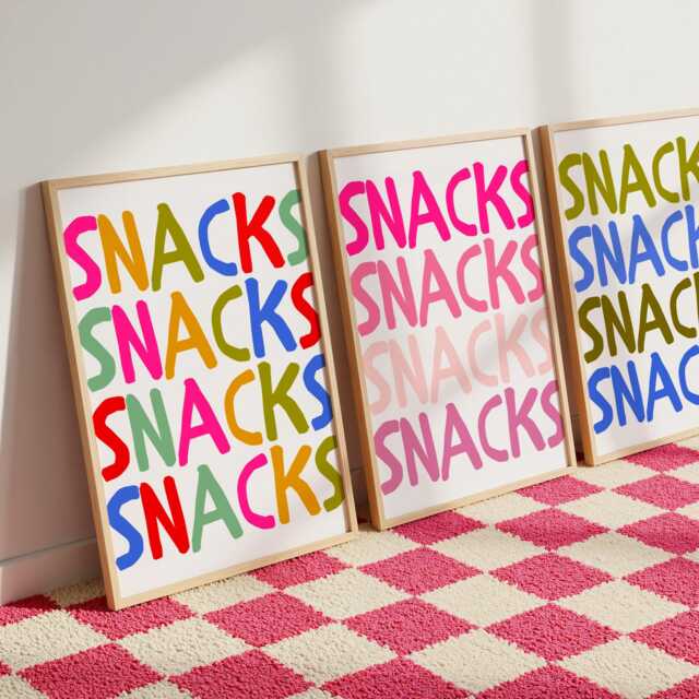 Snacks - Wall Print, Poster, Funky, Kitchen Decor, Colourful, Pink, Slogan, Groovy, Retro, Multicolour, Maximalisr 5x7/A5/A4/A3/A2/8x10 - image 1
