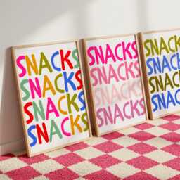 Snacks - Wall Print, Poster, Funky, Kitchen Decor, Colourful, Pink, Slogan, Groovy, Retro, Multicolour, Maximalisr 5x7/A5/A4/A3/A2/8x10 - thumbnail 1