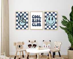 Set Of 3 Cool Kids Club Prints. Boys Bedroom Wall Decor Pictures. Smiley Face, Peace Sign Art. Navy Blue Checkered Playroom Poster - thumbnail 1