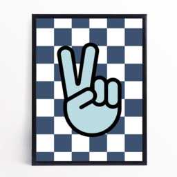 Set Of 3 Cool Kids Club Prints. Boys Bedroom Wall Decor Pictures. Smiley Face, Peace Sign Art. Navy Blue Checkered Playroom Poster - thumbnail 2