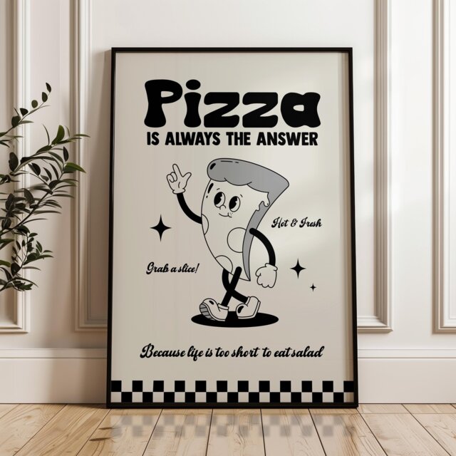 Retro Cartoon Pizza Print, Charming Style Gift For Foodie, Lover Food Kitchen Wall Art 2371 - image 1