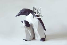Diy Kit Penguin Mama & Chick By Paperwolf, 3D Paper Animal Cut Out Project Grey White Black - thumbnail 1