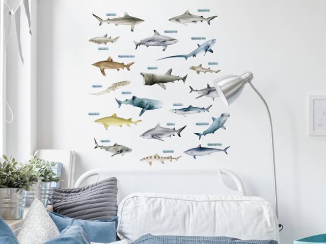 Shark Wall Stickers, Underwater Decals, Whale Stickers For Walls, Themed Room, Ocean Named Sharks - image 1