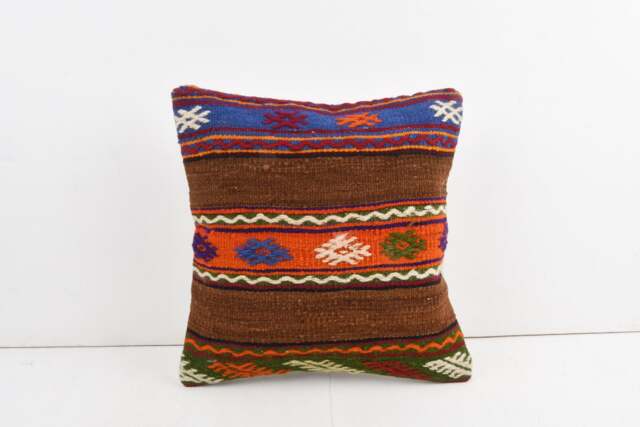 Vintage Turkish Kilim Pillow Cover Handwoven Wool Cushion - 16x16 - image 1