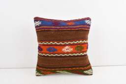Vintage Turkish Kilim Pillow Cover Handwoven Wool Cushion - 16x16 - thumbnail 1