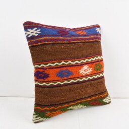 Vintage Turkish Kilim Pillow Cover Handwoven Wool Cushion - 16x16 - thumbnail 2