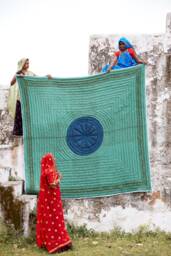 Handmade Queen Cotton Quilt Green & Blue Block Printed Kantha-stitched Bedspread