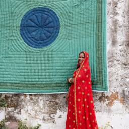 Handmade Queen Cotton Quilt Green & Blue Block Printed Kantha-stitched Bedspread - thumbnail 2