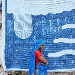 Handmade Queen Cotton Quilt Green & Blue Block Printed Kantha-stitched Bedspread - thumbnail 3