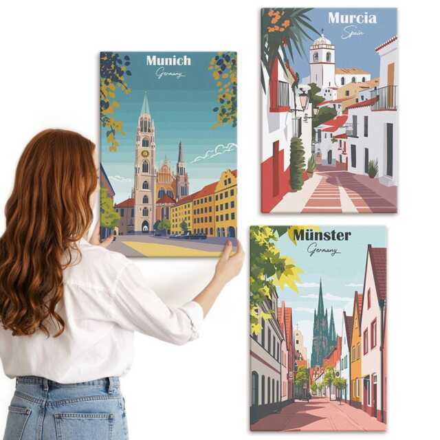 Canvas Set Of 3 - European Cities in Colorful Illustrations, Multicolored Wall Art Print, Travels Hanging Piece - image 1