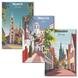 Canvas Set Of 3 - European Cities in Colorful Illustrations, Multicolored Wall Art Print, Travels Hanging Piece - thumbnail 2