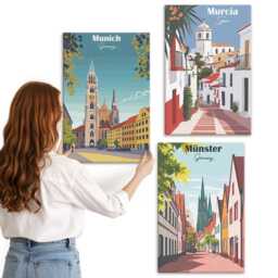 Canvas Set Of 3 - European Cities in Colorful Illustrations, Multicolored Wall Art Print, Travels Hanging Piece - thumbnail 1