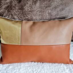 Color Block Faux Leather Lumbar Pillow Tan, Cinnamon & Gold - thumbnail 2