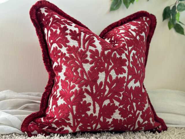 Red Patterned Cushion Cover With Fringe - Luxury Pillow - Ruby - image 1