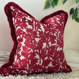 Red Patterned Cushion Cover With Fringe - Luxury Pillow - Ruby - thumbnail 2