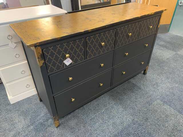 Large Painted Chest Of Drawers Merchant Black Gold Moroccan Metallic Leaf Round Handles - image 1