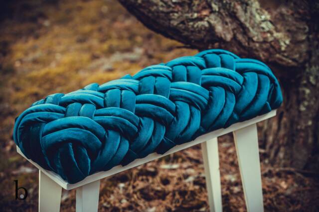 Woven Knot Velvet Ottoman, Petrol Blue Entryway Bench - image 1