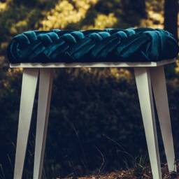 Woven Knot Velvet Ottoman, Petrol Blue Entryway Bench - thumbnail 3