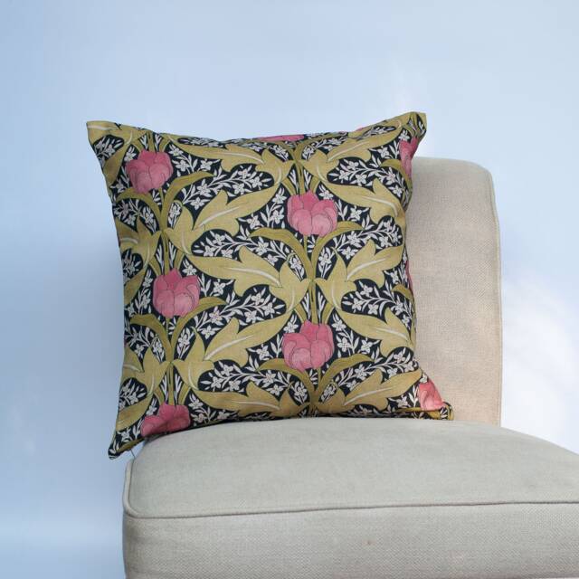 Art Nouveau Tulip Cushion. Bright Pink Flowers & Lattice Style Green Leaves On A Black Background. 17x17 - image 1