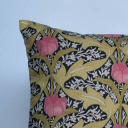 Art Nouveau Tulip Cushion. Bright Pink Flowers & Lattice Style Green Leaves On A Black Background. 17x17 - thumbnail 2