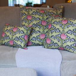 Art Nouveau Tulip Cushion. Bright Pink Flowers & Lattice Style Green Leaves On A Black Background. 17x17 - thumbnail 3