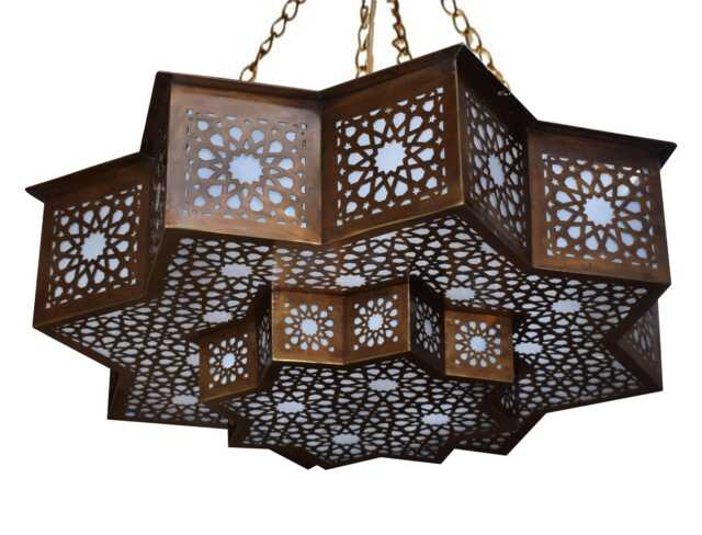 Moroccan Pendant Light Brass Star Pattern - Handcrafted, Antique Gold - image 1