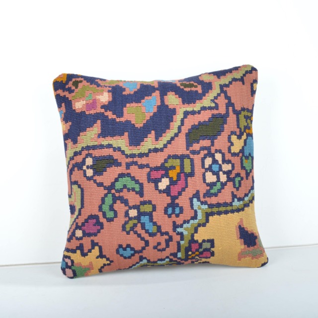 Handmade Wool Kilim Pillow Cover Rustic Turkish Cushion - 16x16'' - image 1