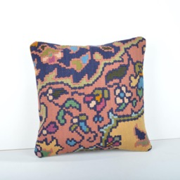 Handmade Wool Kilim Pillow Cover Rustic Turkish Cushion - 16x16'' - thumbnail 1